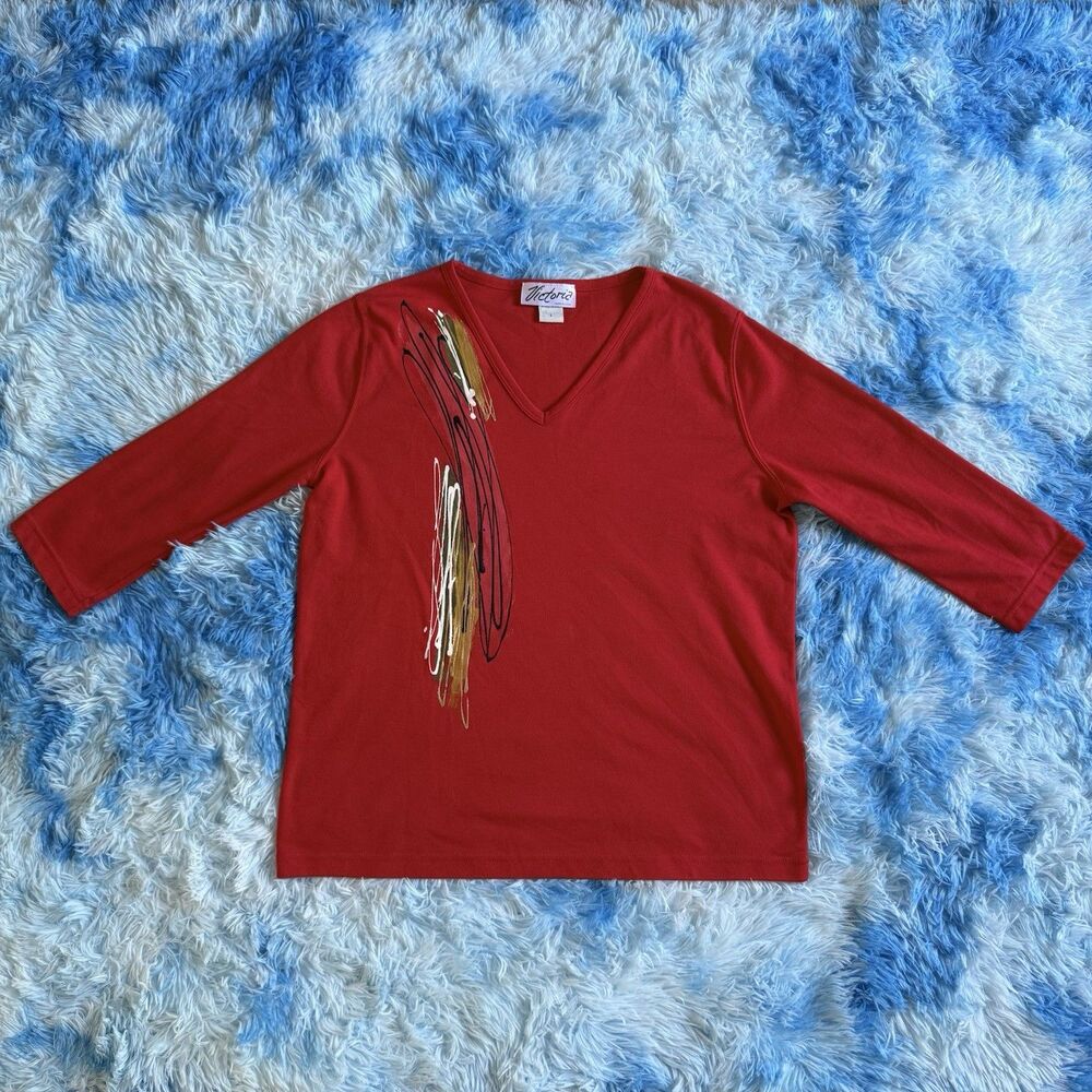 Victoria Red V-Neck 3/4 Sleeve Abstract Graphic Top Women’s L